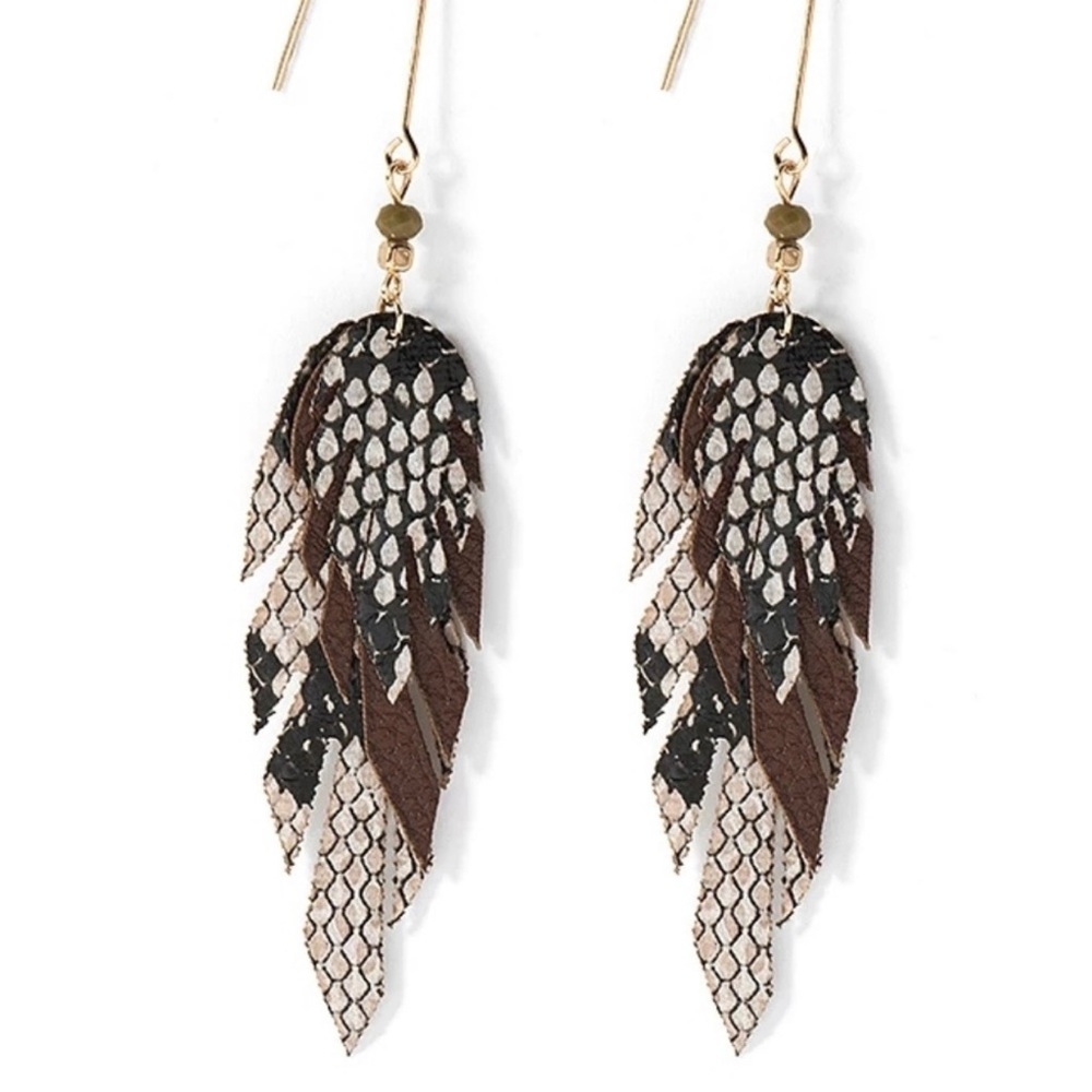 Artisan Fall Leather Feather Dangle Earrings Brown - Picture 5 of 8